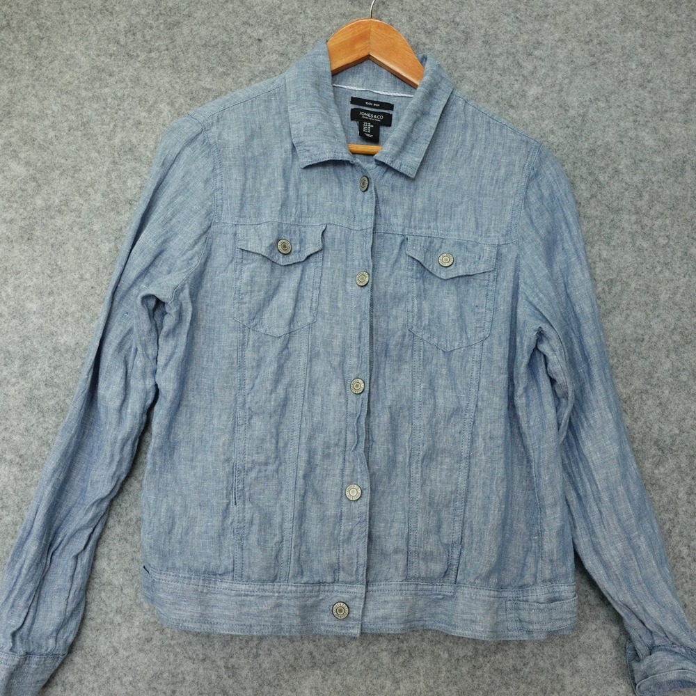 Jones Co Linen Jacket Womens MEDIUM Blue Coastal Grandma Chambray Flax Trucket
